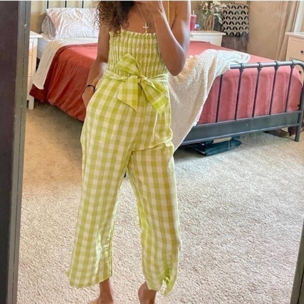 House Of Harlow 1960 Linen Smocked Gingham Lime Green Jumpsuit